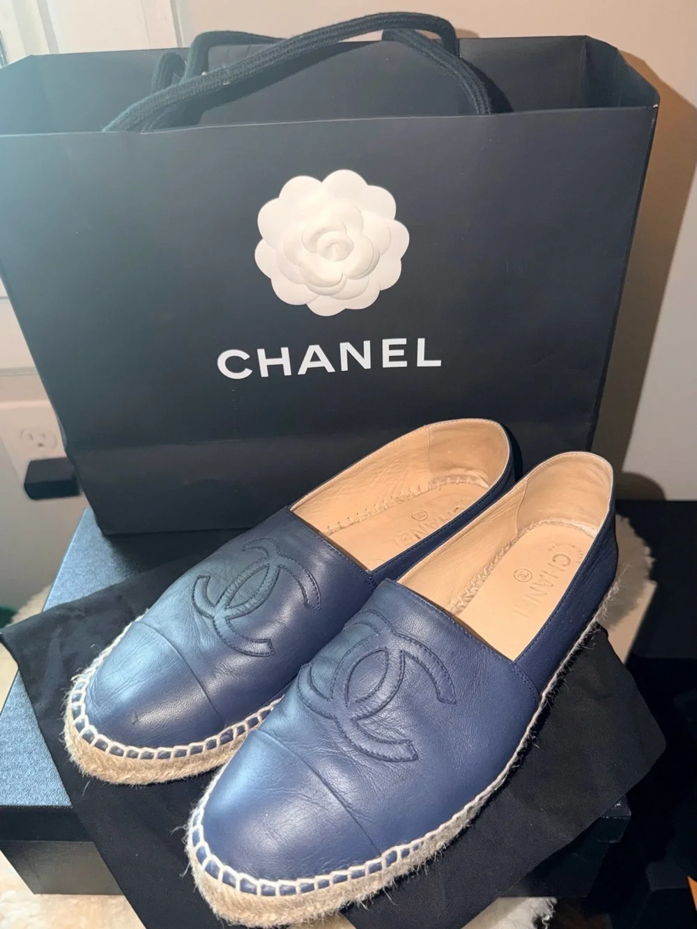 CHANEL Navy Blue Leather Espadrille Flats